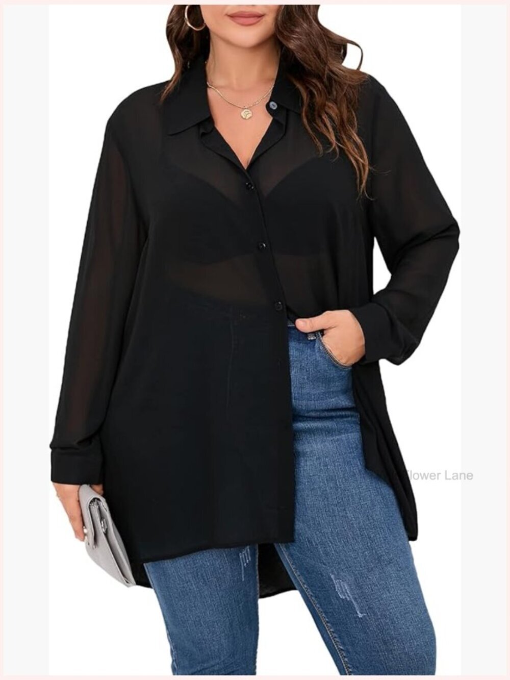 Plus Size Chiffon Button Down Blouse Long Sleeve High Low Shirt